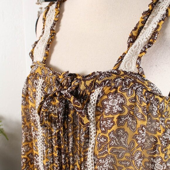Anthropologie Bardot Floral Lace Trim Camisole Tank Top - Yellow Brown Ivory - Picture 3 of 7